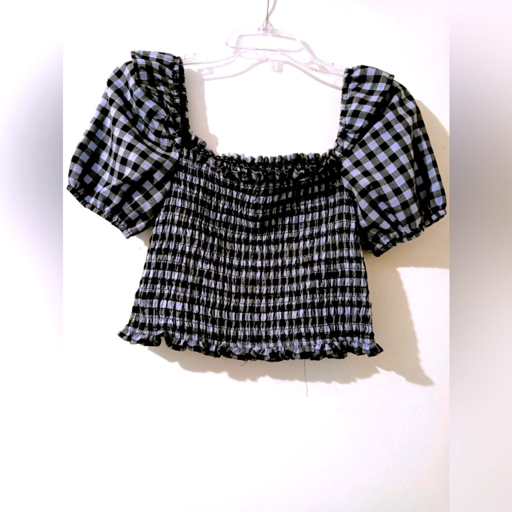 Shabby Chic Black/Blue Plaid Fabric Emilie Smocked S/Sleeve Top/Skirt Set S (2)